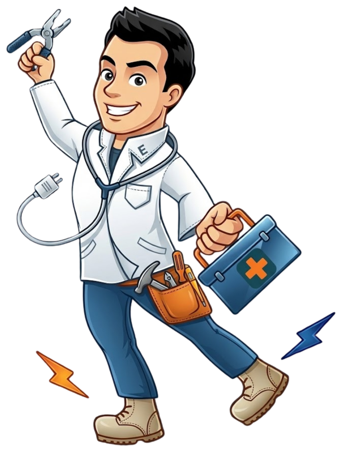 The First Aid Electric mascot — a cartoon electrician first-responder striding to the rescue with a tool case and stethoscope